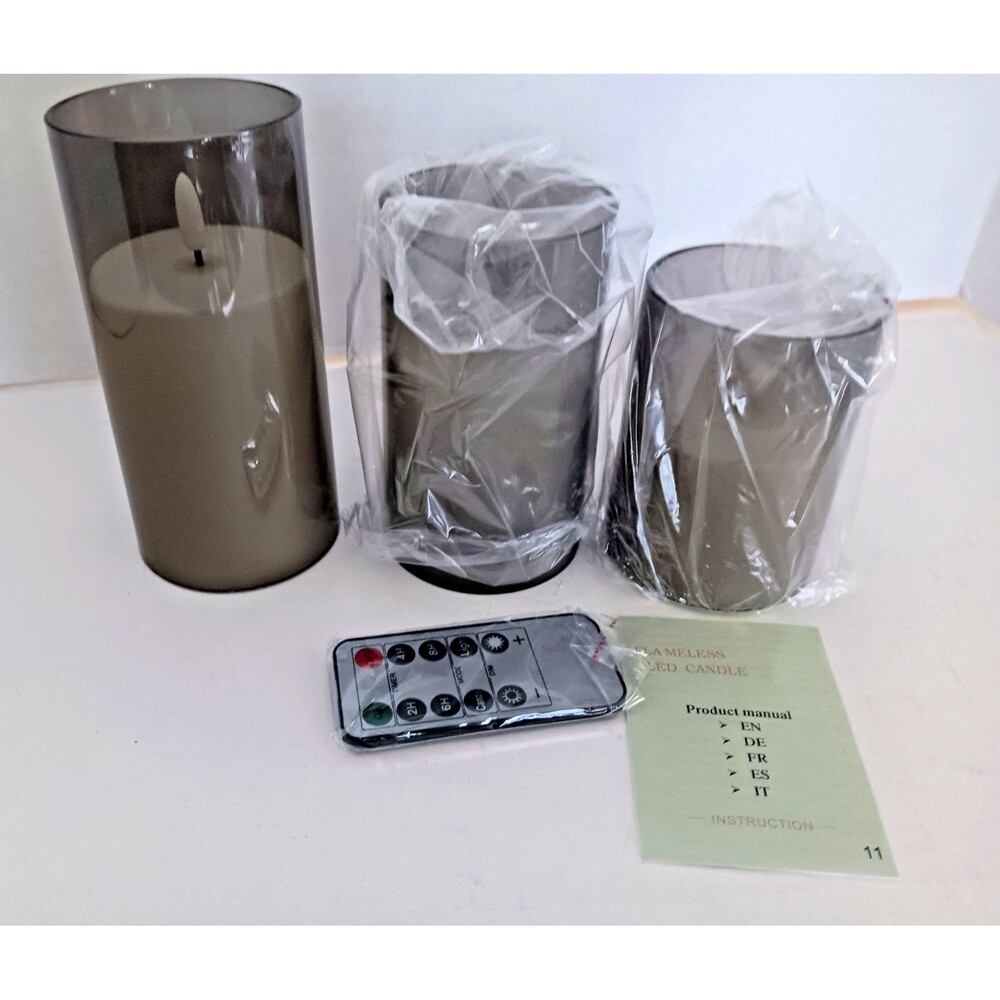 Flameless Candles Set of 3 Smoke LED Remote w/Timer NIB
